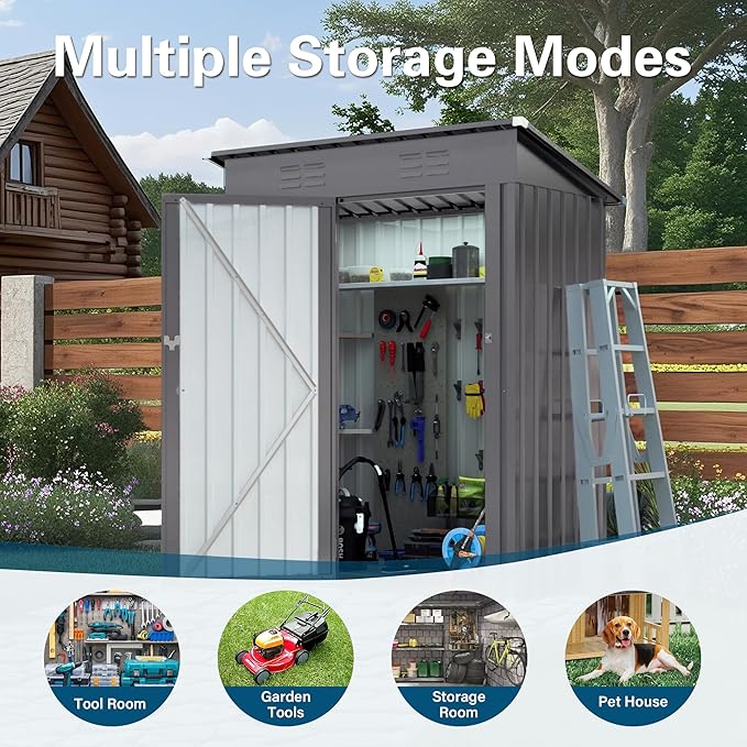 5x3FT Metal Storage Shed Outdoor Garden Tool Shed, Galvanized Steel Compact Weather Resistant Backyard Organizer, Lockable Utility Storage House for Patio Courtyard Equipment Storage Multi Use