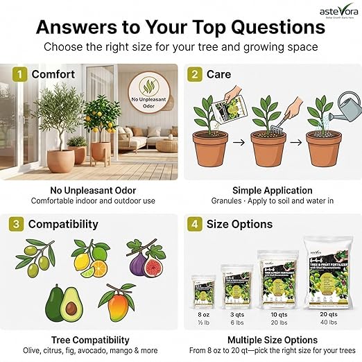 Olive Tree Fertilizer – Fruit Tree Fertilizer for Olive Tree, Citrus, Lemon, Lime, Fig, Avocado, Mango, Apple & Pomegranate – for Potted & Outdoor Trees (10 quarts - 20 lbs.)