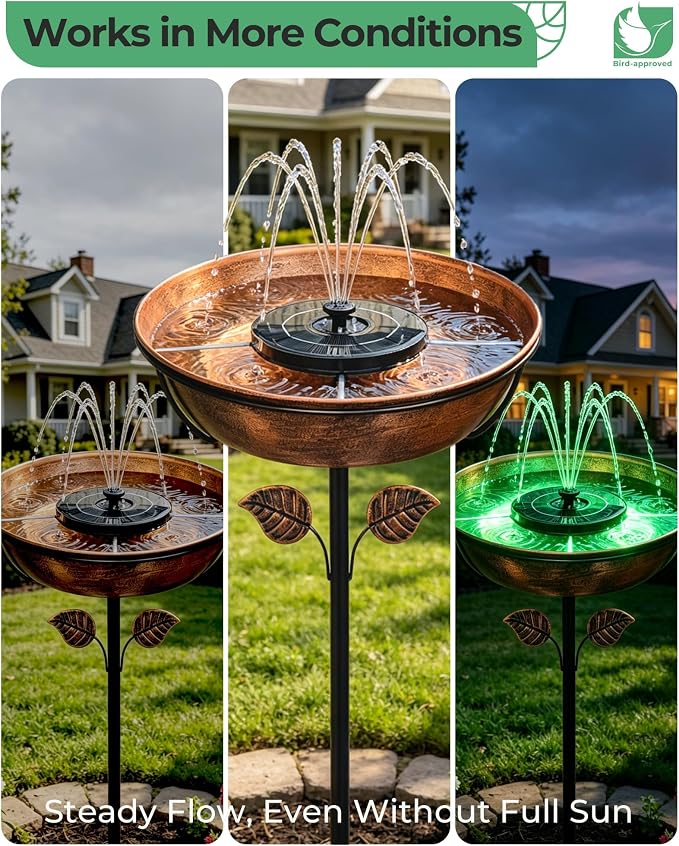 Metal Bird Bath with Solar Fountain - 13" Outdoor Birdbath Bowl + 6.3" Solar Pump with Battery LED Lights & with 4 Fixed Rods | Garden Bird Bath for Yard, Lawn, Patio, Flowing Water Feature