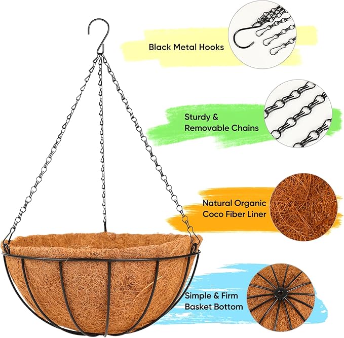 HKZ Hanging Basket Planter Plants Outdoor - 2 Pack 10 Inch Metal Hanging Planter with Coco Liners, Chain Hook Hanging Flower Pots for Indoor Outdoor Garden Porch Decoration