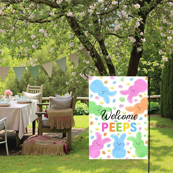 Welcome Peeps Easter Garden Flag for Outdoor Spring Cute Bunny Egg Pattern Double Sided Yard Banner Holiday Welcome Rabbit Flags Waterproof Seasonal Home Hare Decor for Porch Lawn 12x18 Inch