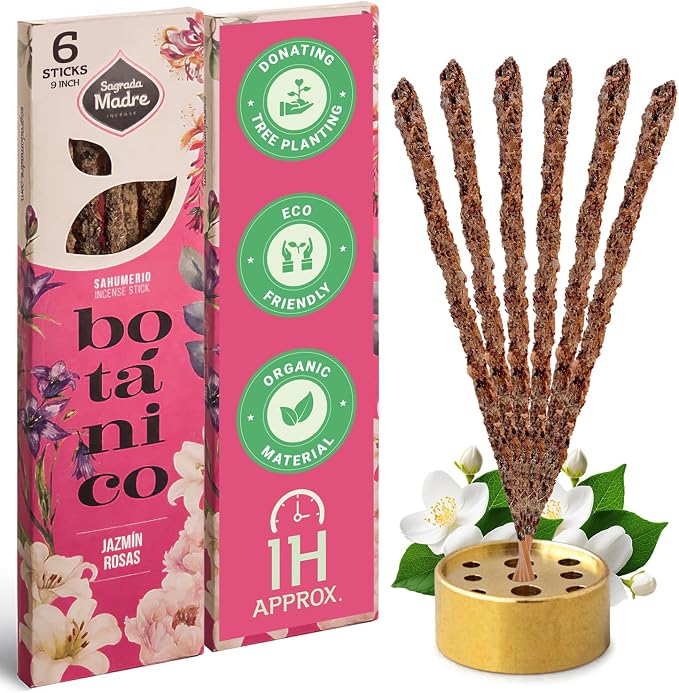 Sagrada Madre Jasmine Incense Sticks - 6 Handmade Extra-Long & Thick Sticks with Essential Oils, Rose Petals & Jasmine for Abundance, Calm & Relaxation - 1 Hour Burn Time