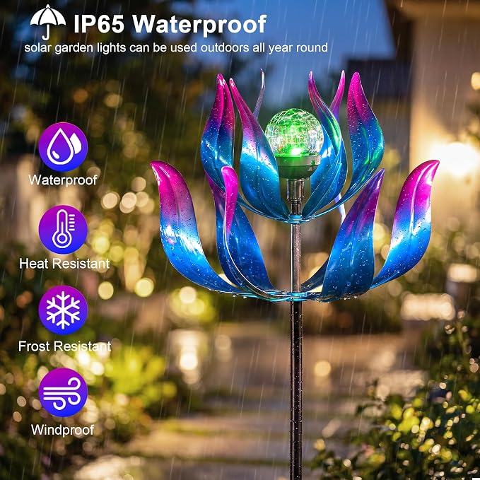 61'' Solar Wind Spinners for Yard and Garden - Large Metal Kinetic with Solar Powered LED Crackle Glass Globe, Vibrant Blue & Purple Gradient Lotus Flower Yard Art for Outdoor, Patio, Lawn Decor
