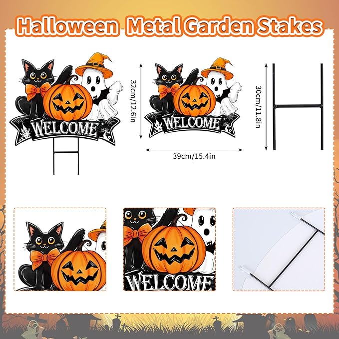 JarThenaAMCS Vintage Halloween Metal Garden Stake Pumpkin Ghost Black Cat Decorative Lawn Sign Welcome Yard Sign for Trick or Treat Party Home Outside Lawn Porch Decor
