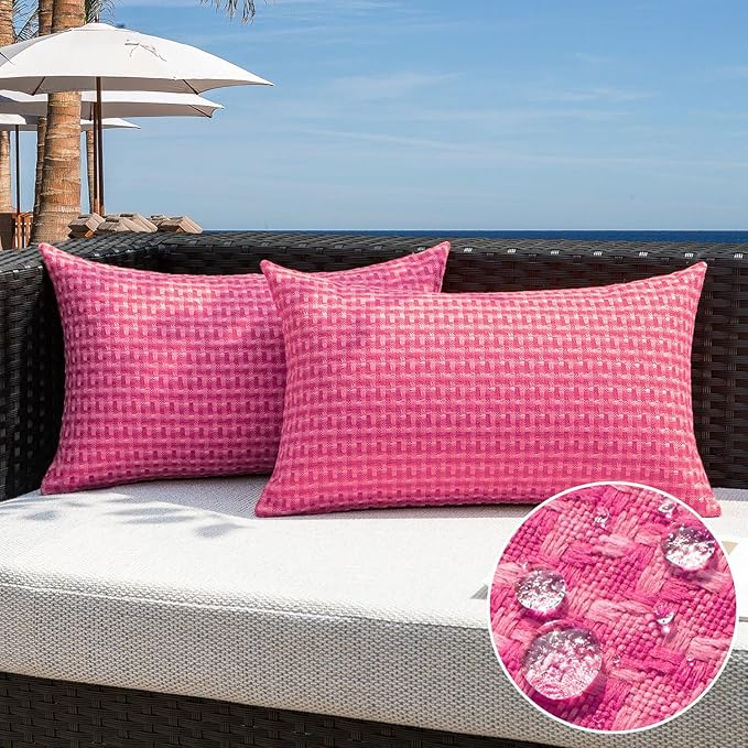 Kevin Textile Outdoor Waterproof Throw Pillow Covers Pack of 2 Valentines Day Boho Farmhouse Decorative Lumbar Cushion Covers for Garden Patio Tent Balcony Bench Couch Sofa 12x24 Inch, Hot Pink