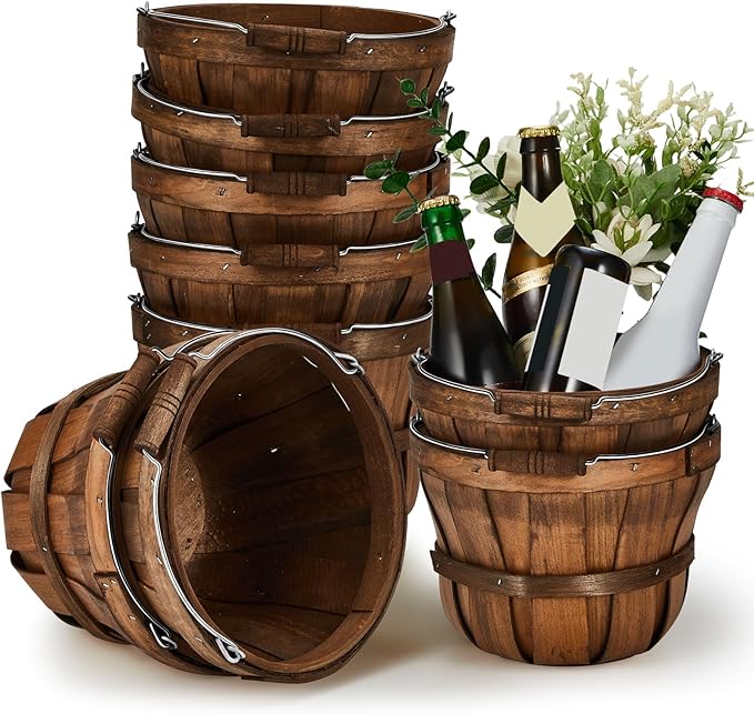 Marsui 10 Pcs Round Wooden Berry Baskets Small Bushel with Handles for Gifts Empty Basket Fruit Buckets for Picking Strawberry Fruits Flowers Crafts Home Wedding (Dark Brown)