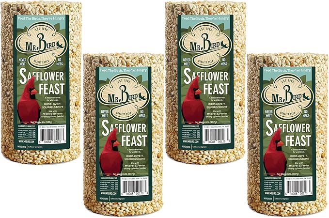 4-Pack Mr. Bird Safflower Feast Wild Bird Seed Cylinder 28oz | Wild Bird Food for Outdoor Birds | Backyard Birdfeeding | Squirrel Resistant Bird Food