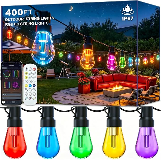 LETIANPAI 400FT RGB+IC Outdoor String Lights, IP67 Waterproof LED Color Changing Clear Bulb String Lights with App & Remote Control, Shatterproof Hanging Patio Lights for Backyard Garden Party