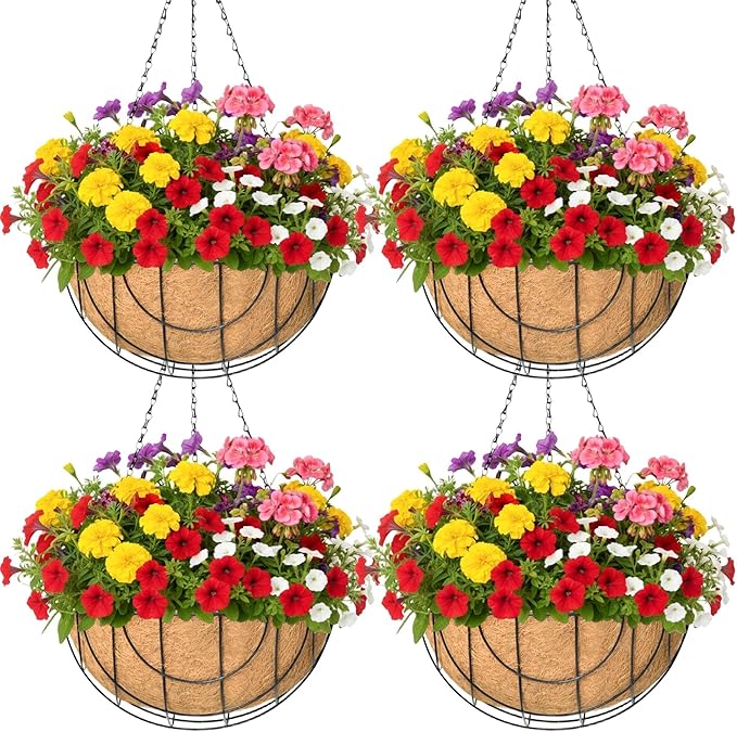 4 Pack 14 Inch Hanging Baskets for Plants Outdoor Metal Hanging Planter Basket with Coco Coir Liner Hanging Flower Baskets Hanging Flower Pots Holder for Garden, Patio(Earth)