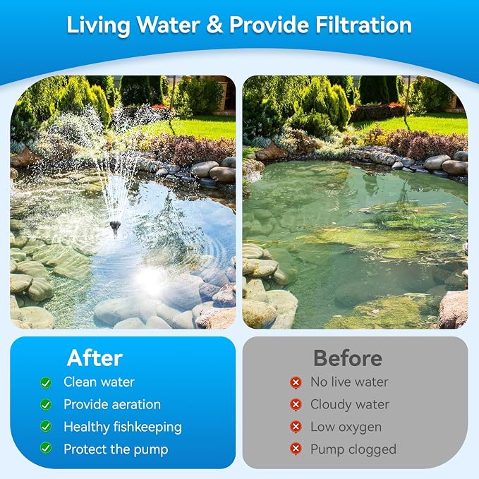 POPOSOAP 70W Solar Pond Filter with Fountain Pump, Solar Powered Water Pump with 580GPH Pond Filter for Outdoor Ponds, Adjustable Diverter Valve for Koi Ponds, Waterfalls, Garden Water Features