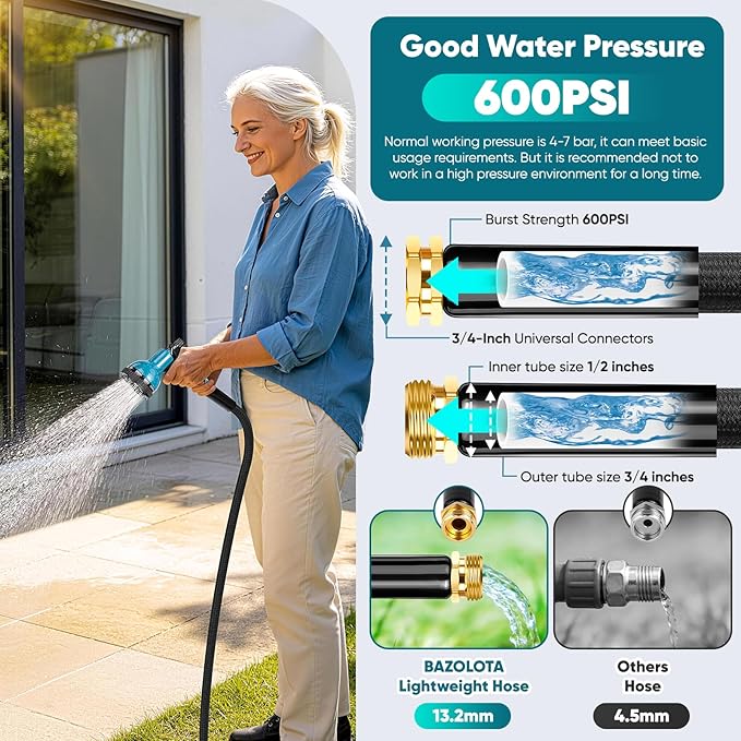 Garden Hose 100FT Non-Expanding, Lightweight Hose With 10-Function Nozzle, Leak-Proof No-Knot, Easy to Carry, Wear-Resistant, Sturdy 3/4GHT Flexible Water Hose for Outdoor (Black with Nozzle)