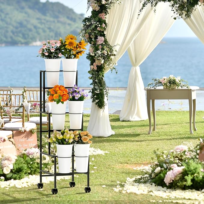 Flower Display Stand with 6 Buckets, Flower Cart with Wheels, 3 Layers Metal Flower Bar Stand Moving Flower Stand Florist Bouquet Shelf for Weddings Party Ceremony Indoor Outdoor Garden (Black)