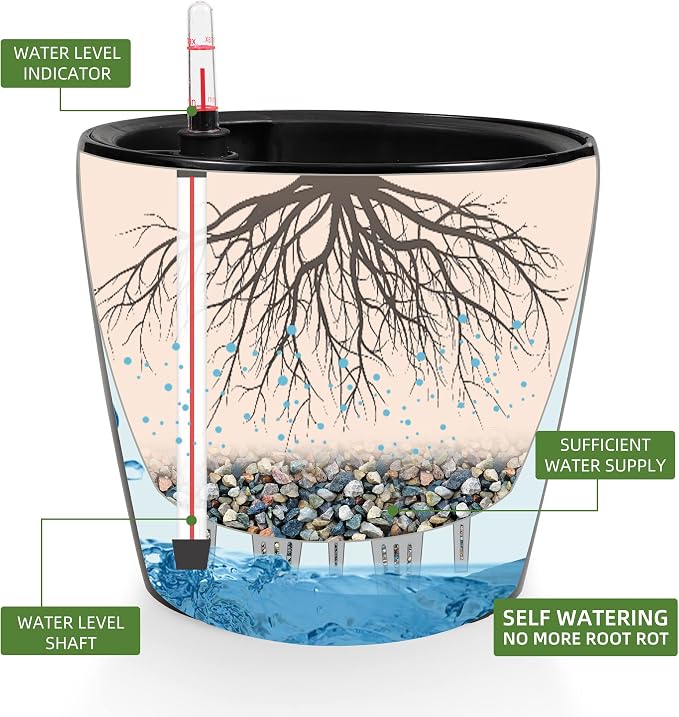 Dexceder 11x10 Self Watering Planter (Black High Gloss) | Inner Pot Design, Thickened Table Flower Plant Pot with Water Level Indicator Indoor Outdoor