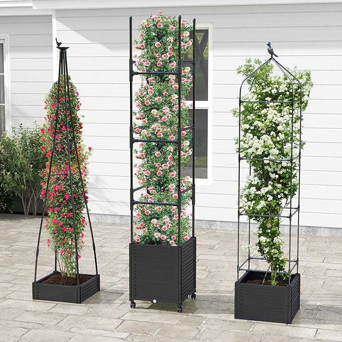 HAPPYGRILL Raised Garden Bed, 81” Tomato Cage w/Self-Drainage System, Adjustable Size & Wheels for Climbing Vine Fruits Flowers, Tomato Planter Box for Indoor Outdoor Yard Lawn Patio Greenhouse (2)