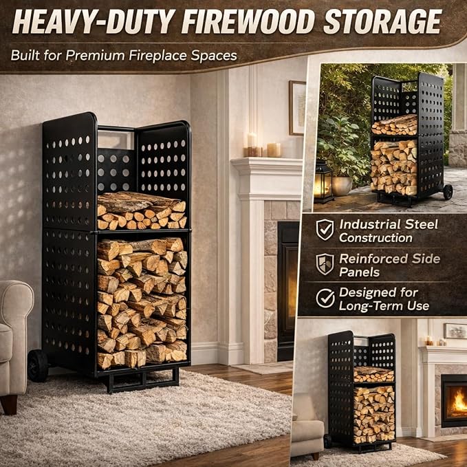 Firewood Rack Outdoor Heavy Duty 800lbs - Rolling Firewood Cart with Wheels, All Weather Fire Wood Storage Rack Indoor Outdoor
