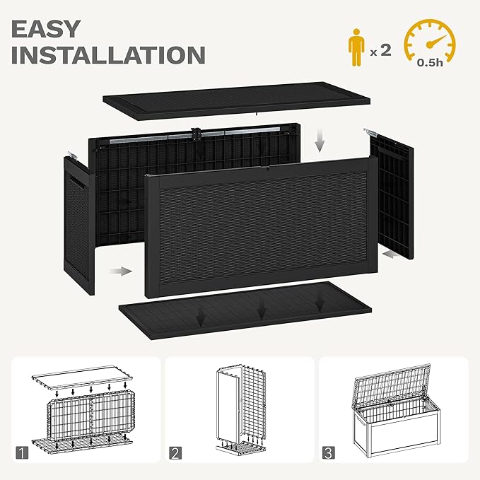 DWVO 320 Gallon XXL Extra Large Deck Box, Resin Outdoor Storage Box, Lockable & Waterproof, Double as Seating, 1000lbs Capacity (Black)