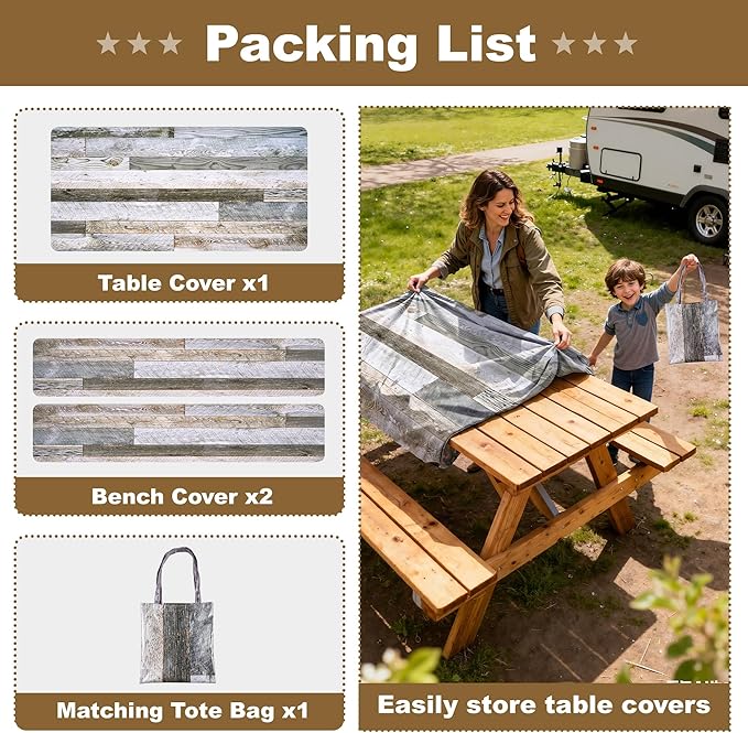 Picnic Table Cover with Bench Covers 6FT Farmhouse Waterproof Windproof Fitted Outdoor Wood Tablecloth with Elastic Rectangle Table Cloth Camping Essentials (Brown)