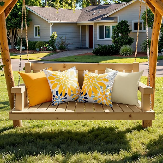 Floral Outdoor Pillow Covers Waterproof Spring Throw Pillow Cases Yellow Blue 18x18 Inch Set of 2 Decorative Summer Cushion Covers for Patio Furniture Garden Bench Porch Sofa