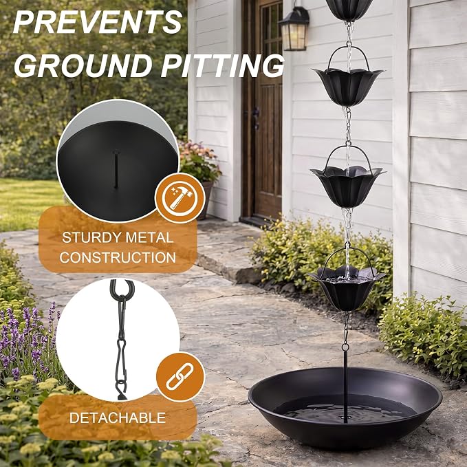 MorningRo Black 8.5ft Rain Chains for Gutters Outside with Anchor Basin 12 Cups Rain Chain Catcher Downspout Replacement Adjustable Metal Garden Rainwater Divert for Eaves Drainage (Hummingbird)