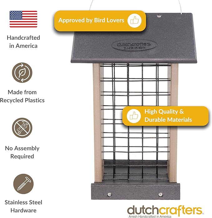 DutchCrafters Plastic Poly Hanging Whole Peanut Bird Feeder for Large Birds, Woodpeckers, Blue Jays for Outdoor, Garden, Yard - USA Amish Made (Black & Weatherwood)