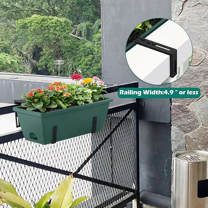 CADUKE 4 Pack Railing Planter Box 16.9 Inches Window Flower Boxes with Metal Brackets Balcony Planters Railing Hanging Fence Planter Plastic Outdoor Deck Railing Planter Boxes, Green
