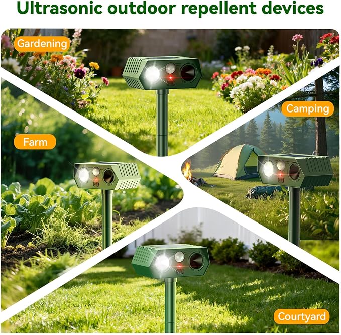 Ultrasonic Animal Repellent Outdoor witht Motion Sensor&LED Strober Ligh Cat Deterrent Outdoor Deer Repellent Device to Scare Fox Dog Raccoon Squirrel Skunk Rabbit