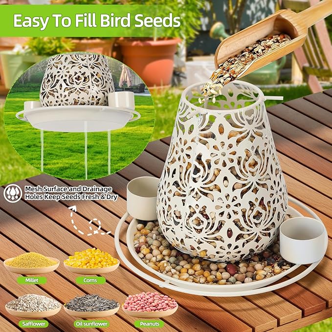 Mushroom Solar Bird Feeders for Outdoors Hanging Metal Wild Bird Feeder with S Hook for Garden Decoration Red