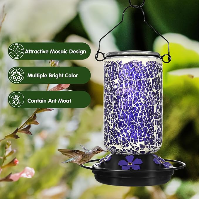 Glass Hummingbird Feeder,Purple Hummingbird Feeders for Outdoors Hanging, 19 Ounces, Mosaic Bottle Easy to Clean, 5 Feeding Ports, Ant Moat Included