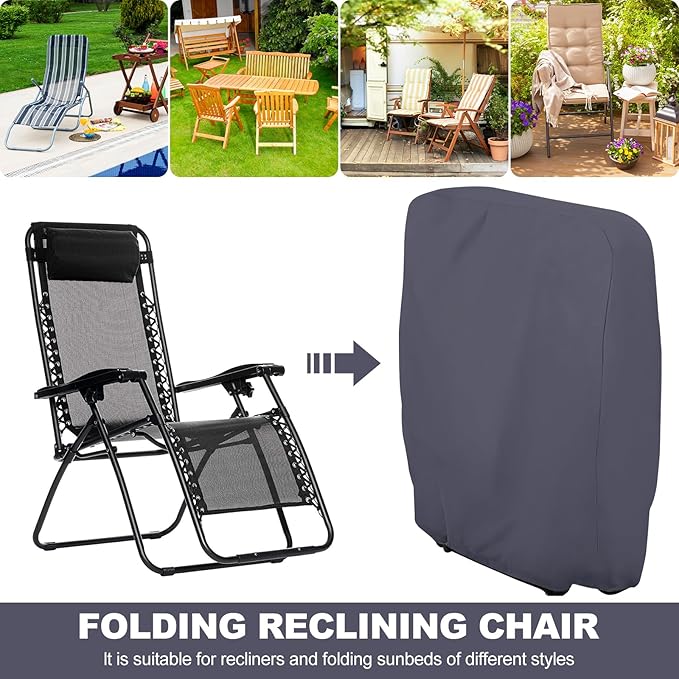 Uranshin Outdoor Folding Chair Covers 2PCS, Zero Gravity Chair Cover 28" W x 13" D x 43" H, Waterproof 210D Oxford Funiture Cover with Storage Bag, Patio Chair Cover for All Weather (Dark Grey)