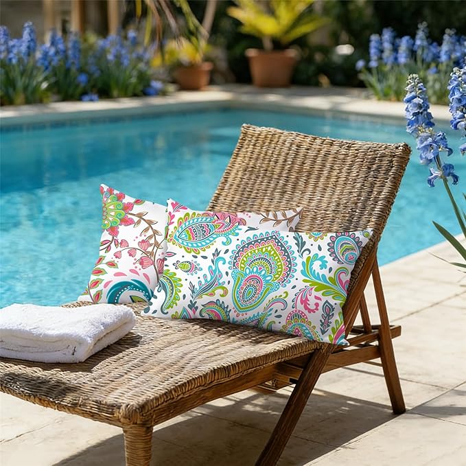 NIGHTWISH Outdoor Waterproof Pillow Covers 12x20 Set of 4 Spring Summer Floral Boho Decorative Outdoor Throw Pillows Paisley Cushion Cases for Patio Furniture Bench Couch Sunbrella
