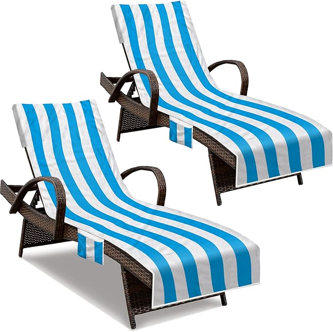 Lounge Chair Towel Cover, Beach Chair Cover (Pack of 2), Pool Lounge Chair Covers for Outdoor,Garden, Beach,Sun Lounger,Hotel Pool, 85" X 30"Large Size and No Sliding, Light Blue Stripe