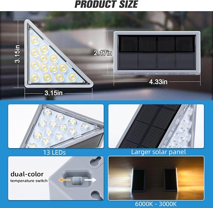 NIORSUN Solar Step Lights 12 Pack - Outdoor Stair Lights with 3000K Warm White & 6000K Cool Daylight, IP67 Waterproof, Auto On/Off, Super Bright for Deck, Patio, Steps