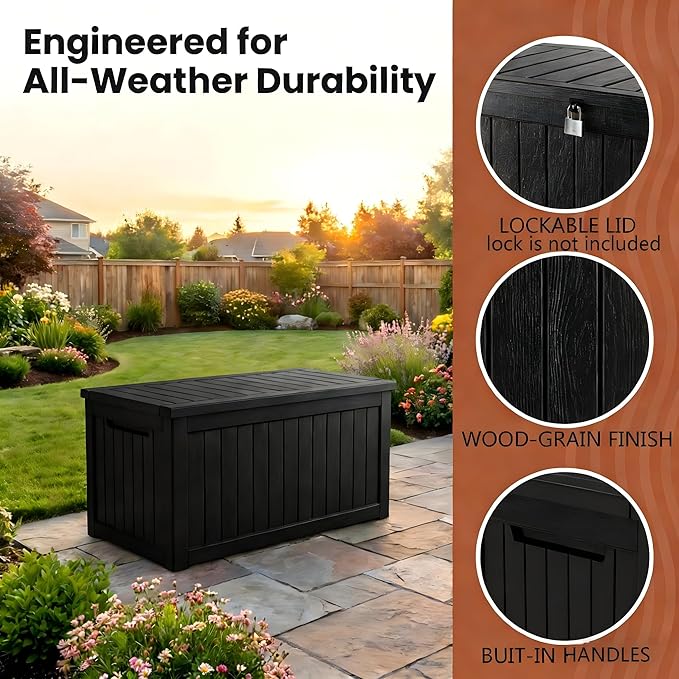 Large 231 Gallon Resin Deck Box, Heavy Duty Lockable Patio Storage Box Outdoor, Waterproof Tool Box for Garden Furniture Cushions & Pool Supplies, Wood Grain Outdoor Storage Bench for Backyard