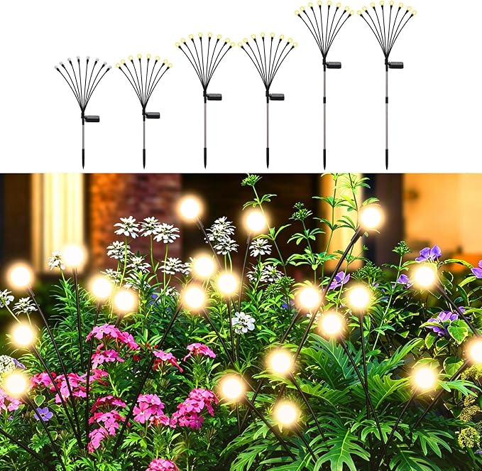 Solar Firefly Lights Warm White, 8 Modes 800mAh Swaying Firefly Yard Lights Solar Powered Outdoor Waterproof for Outside Yard Patio Lawn Pathway Walkway Stake Christmas Garden Decor (6 Pack)