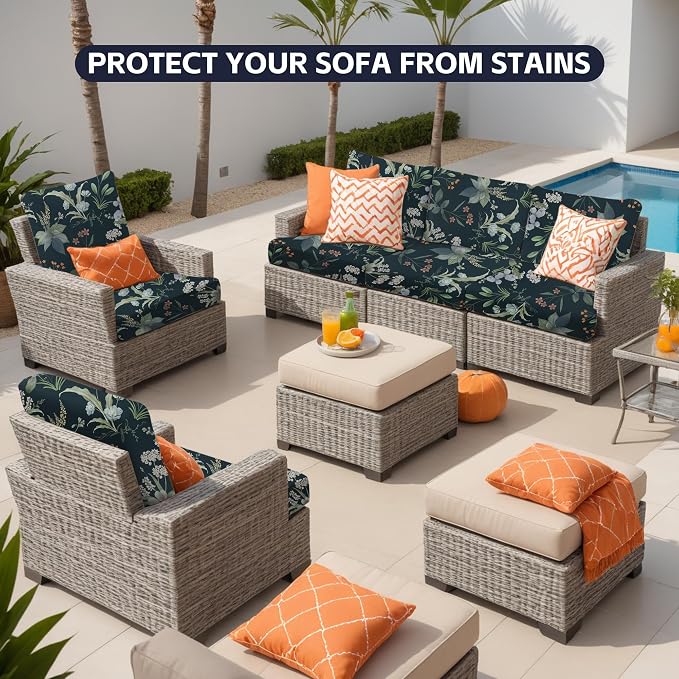 14Pcs Patio Cushion Covers,Outdoor Cushions Covers,Stretch Cushion Covers Replacement, Washable and Reusable Furniture Protectors(Plants)
