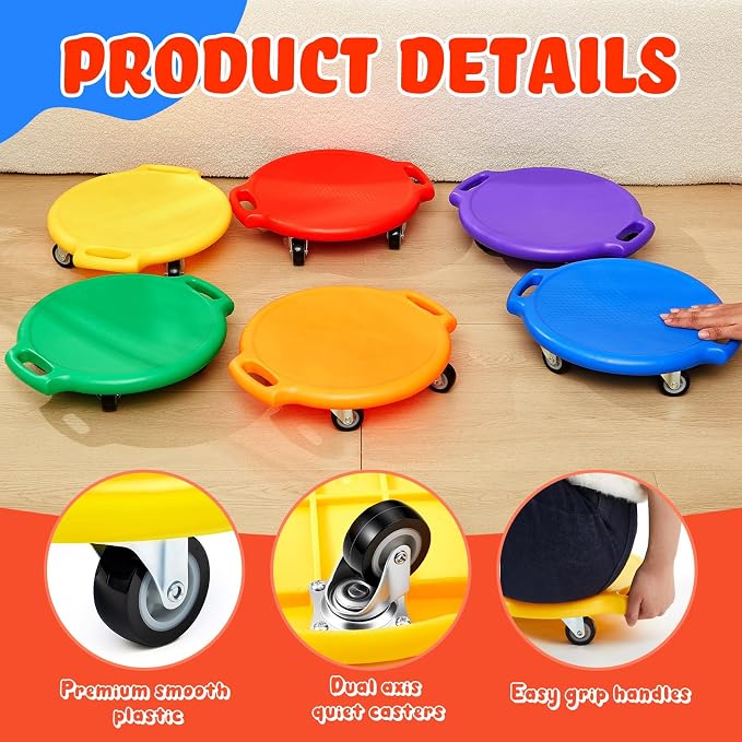 Soulchen Manual Sports Scooter Board with Handles, Sitting Scooter Board with Universal Wheels for Home Gym Indoor Outdoor Activities Play Equipment