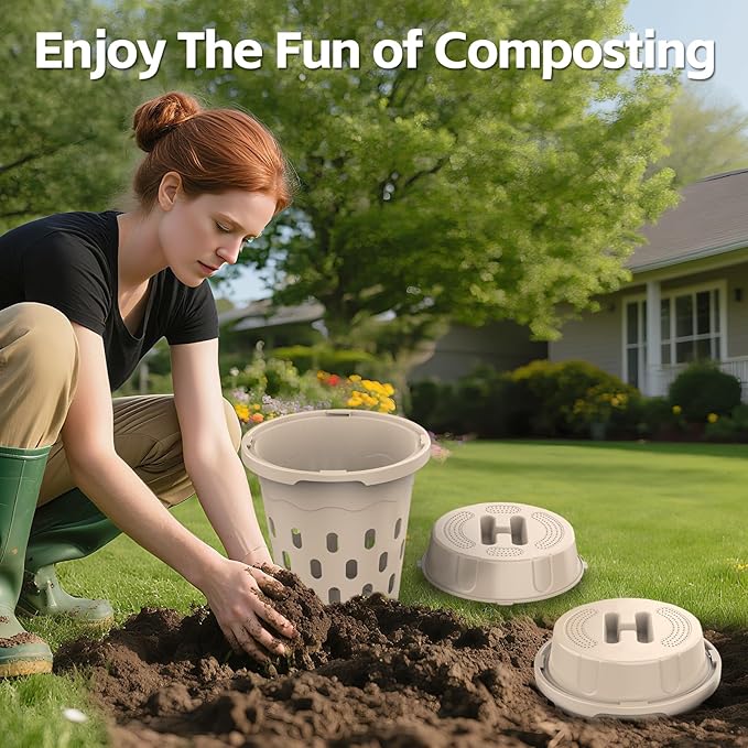 4-Pack Inground Worm Composter, 8L Outdoor Worm Farm, Worm Compost Bin for Garden Beds & Home Use, Vermicomposting Bin for Recycling Food Waste (9.5x9.5x10.8Inch), Beige
