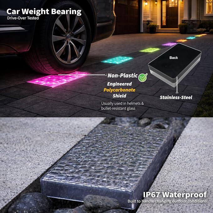 SHONELIGHTING Paver Lights, Solar 12-Color Outdoor Waterproof, In-Ground Brick LED for Driveway & Pathway, Hardscape Pavers, Heavy Duty, RGBW with Remote (2 Pack)