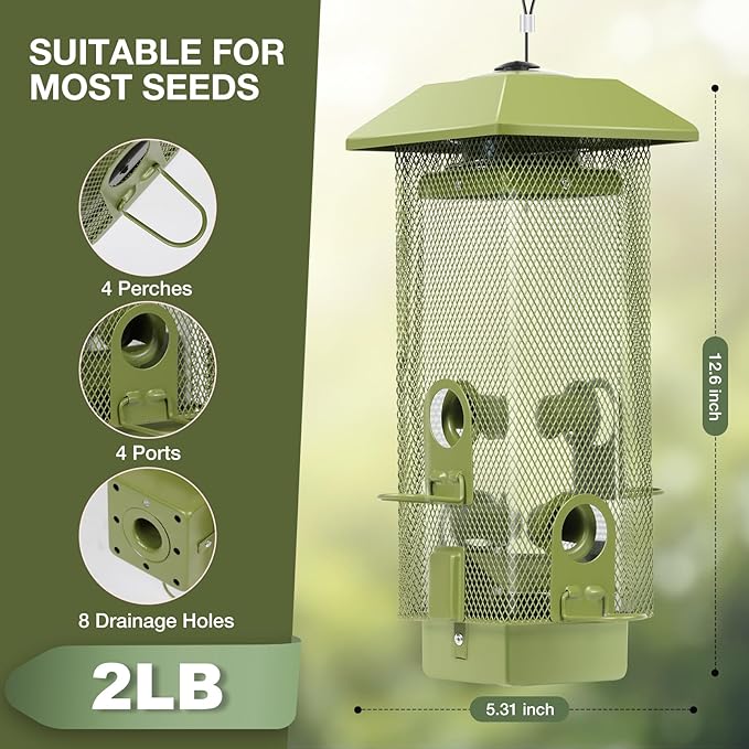 Bird Feeders Squirrel Proof with Weight Activated Perches, Metal Mesh Bird Feeder for Outdoors,Cardinal Hanging Wild Bird Feeder 2.2lbs Seed Capacity for Finch Chickadee Sparrow...