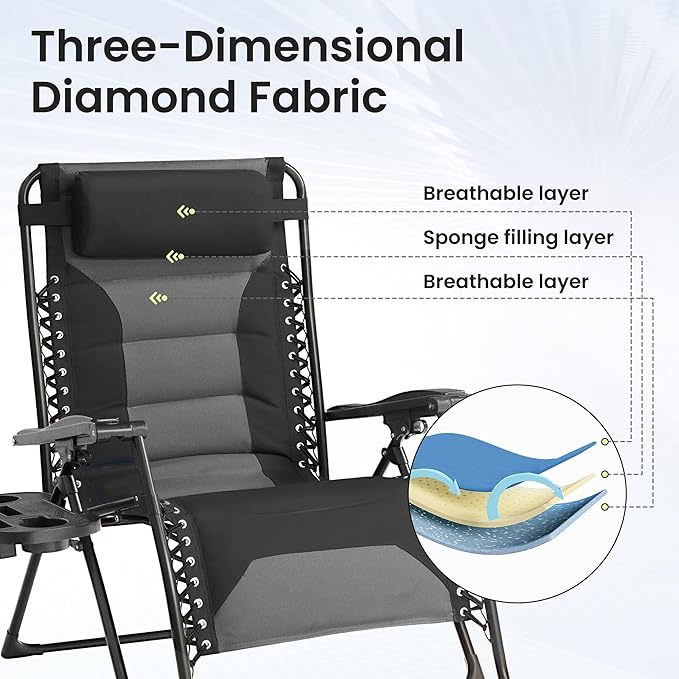 Zero Gravity Chair Oversized Padded Recliner with Adjustable Headrest & Cup Holder - XL 600D Oxford Folding Lounge Chair for Outdoor Camping, Patio, Poolside (Upgraded Black & Gray)