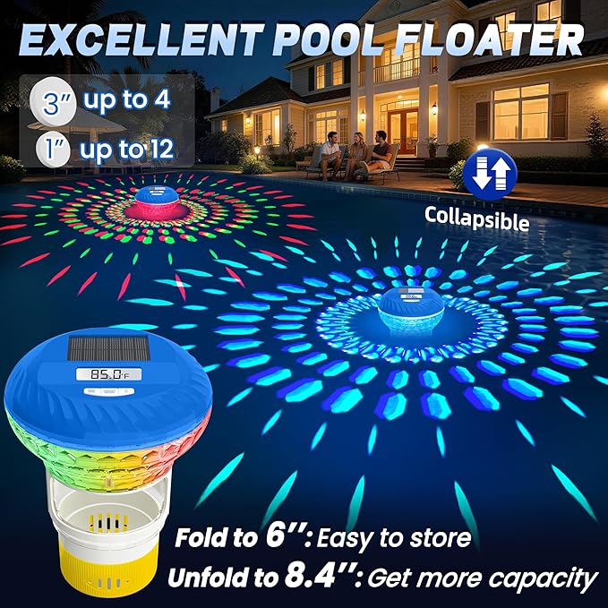 2026 Upgraded Pool Chlorine Floater with Thermometer, Digital Screen Pool Chlorine Floater,Solar Pool Chlorine Floaters with Light, Button Control Floating Chlorine Dispenser for Pool (Yellow)