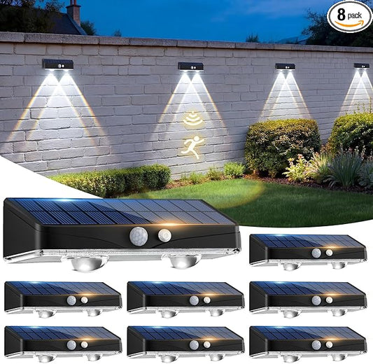 kolpop 8 Pack Solar Fence Lights Outdoor with 3 Modes Motion Sensor,IP65 Waterproof,1200mAh 60LM Bright LED Solar Lights for Fence,Patio,Backyard,Wall,Nighttime,Party(Cool White)