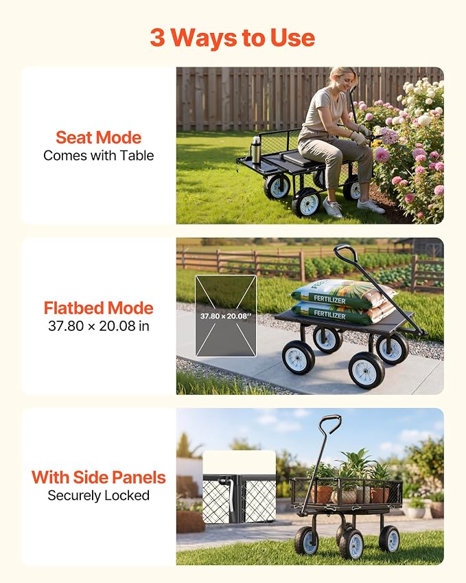 VEVOR 500 LBS Steel Garden Cart with Work Seat, Heavy Duty Garden Wagon Cart on Wheels, Outdoor Metal Utility Yard Wagon Gardening Stool with 10inch Flat Free Tires, Tool Tray & Adjustable Handle
