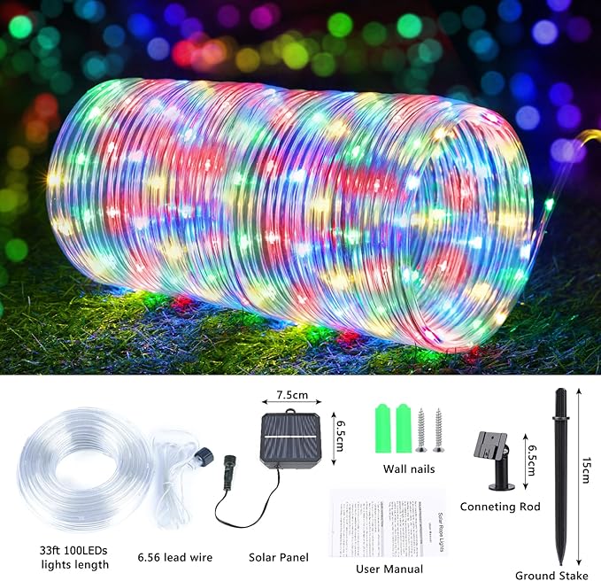 Solar Rope Lights, 33ft 100LED Solar String Lights, 8 Modes Waterproof Solar Powered Outdoor Light, Flexible Clear Tube Light for Garden, Backyard, Patio, Deck, Porch, Pool, Tree Decor - Multicolor