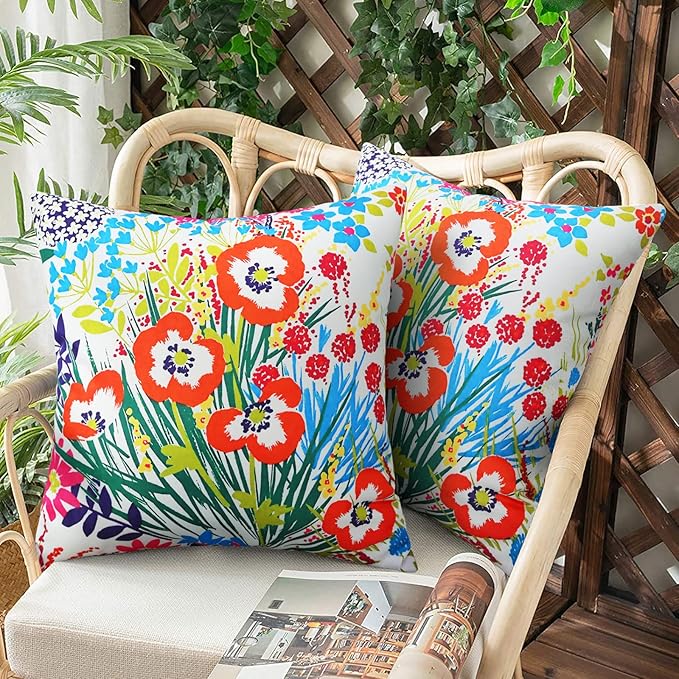 Merrycolor Pack of 2 Outdoor Pillow Covers 18x18 Waterproof Decorative Floral Square Pillowcase Cushion Cases Outdoor Pillows for Patio Furniture Garden Balcony Couch