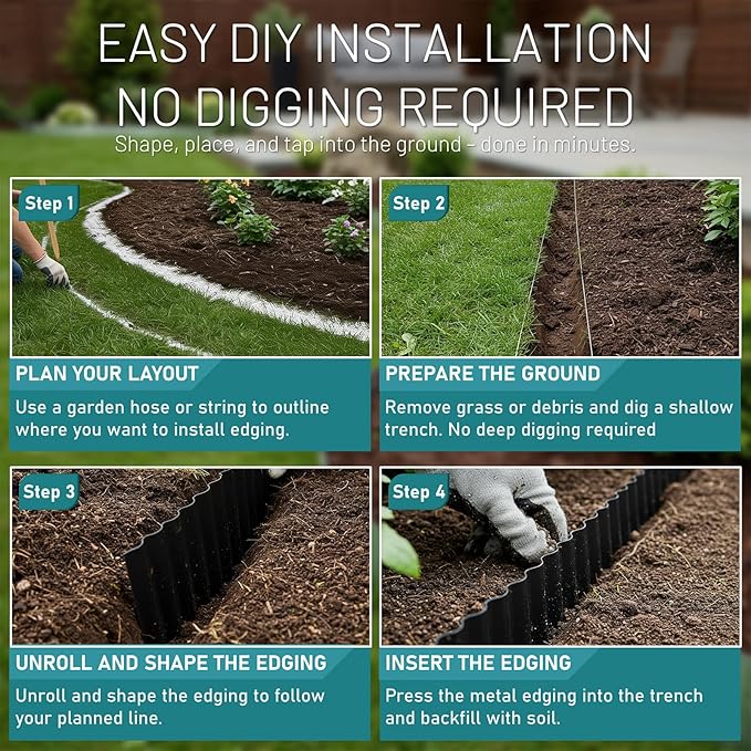 50FT Black Corrugated Metal Landscape Edging – Flexible & Rustproof Garden Edging Border, Decorative Metal Trim for Flower Beds, Lawn, Driveway, Walkway & Raised Beds