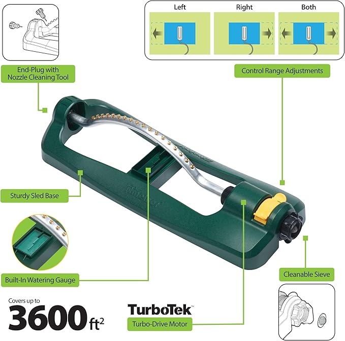 Melnor 65132AMZ TurboTek Turbo Oscillating Sprinkler with Brass Nozzles and QuickConnect Set, Green, Yellow, Black