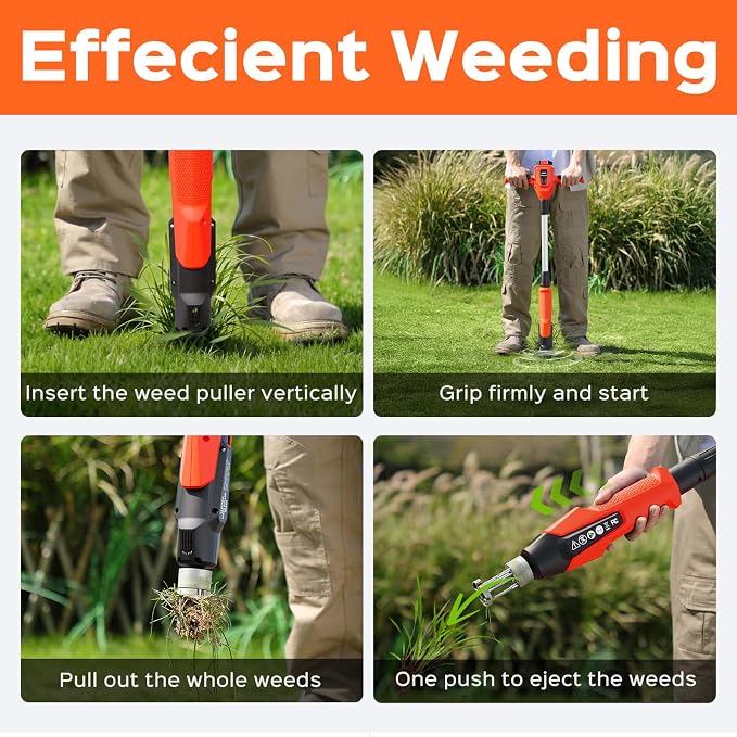 Weed Puller Tool, 21V Powerful Electric Weeder Tool with 2.0Ah Battery and Charger, Garden Tools Weed Pulling Tool with 3-Claw Steel Head for Smooth Weeding, Ideal Gifts for Men Women Mom Dad, Orange