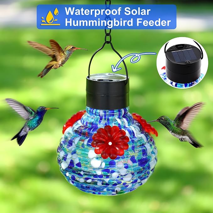 VOREEN Hand Blown Glass Solar Hummingbird Feeder, 17oz Waterproof Hanging Bird Feeder with LED Light, Easy to Clean, Durable Colorful Garden Decorative for Outdoor Yard Patio