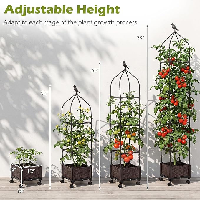 HAPPYGRILL Raised Garden Bed with Trellis, 83”H Self-Watering Tomato Cages, Adjustable Height, Indoor Outdoor Obelisk Planter Box w/Trellis & Wheels for Climbing Plants Vines Fruits